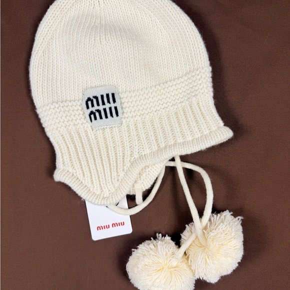 Miu Miu Accessories - Women’s Miu Miu Ivory Knit Pom Pom Earflap Beanie Hat Winter Cozy